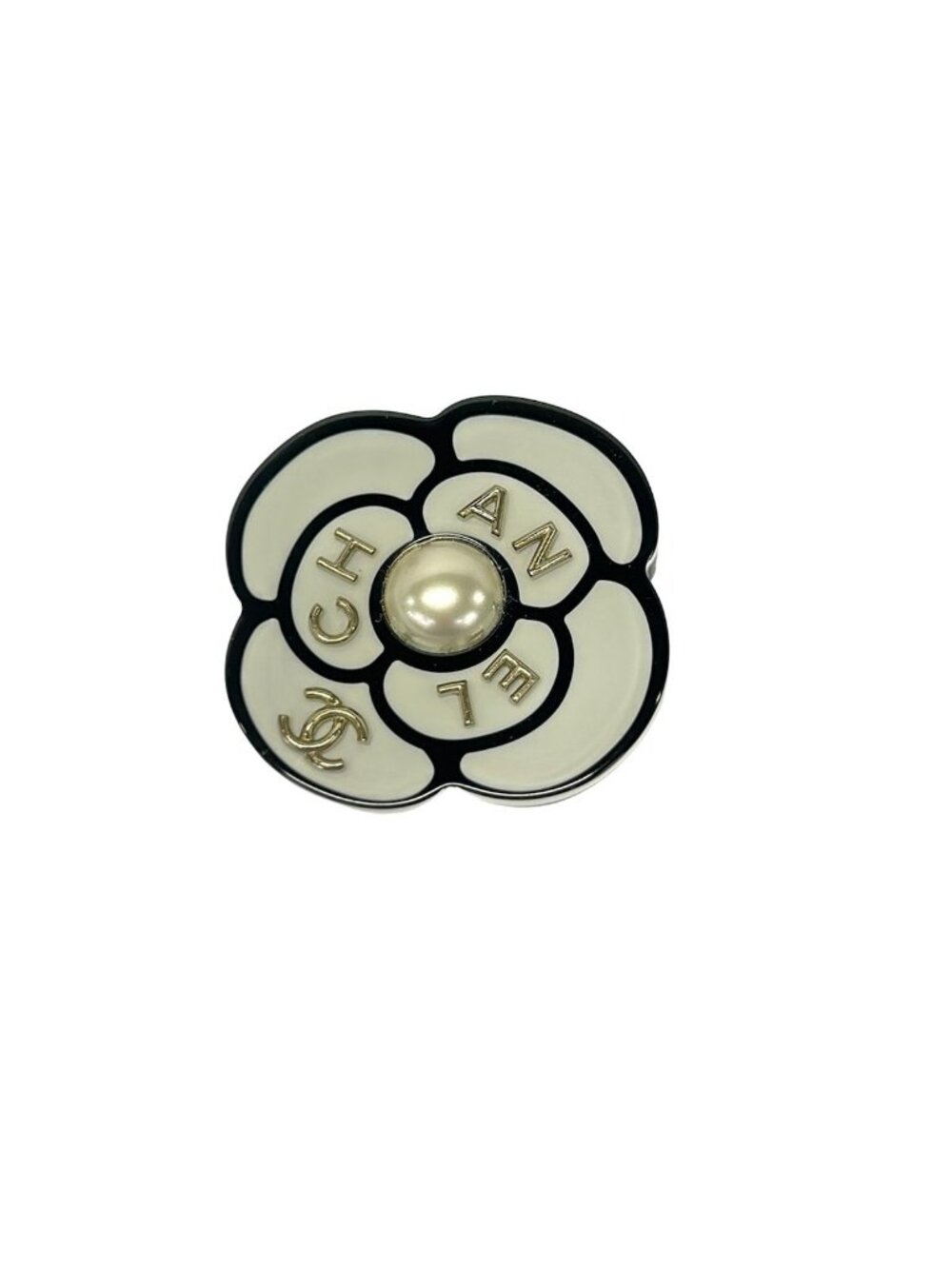 Chanel Brooch White Black Silver Camellia CC Logo